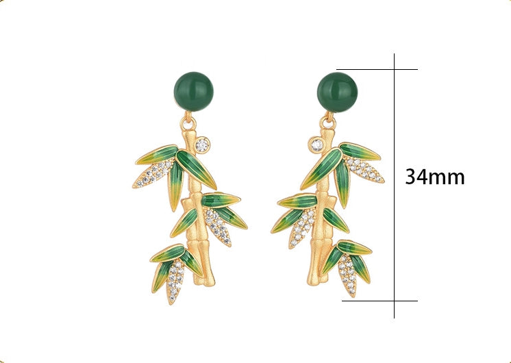 Vitreous Enamel Bamboo Leaf Chrysoprase Earrings