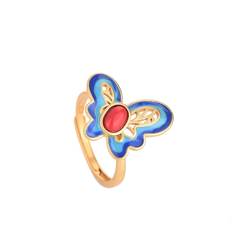 Vintage Style Cloisonne Blue Butterfly Ring