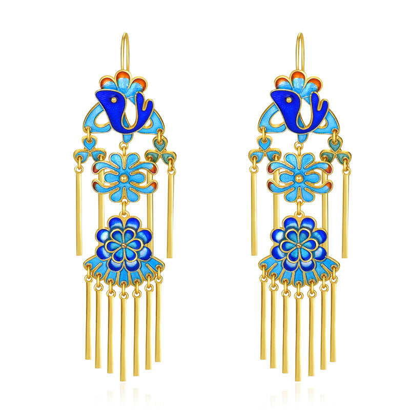 Cloisonne Floral Phoenix Design Tassel Drop Earrings