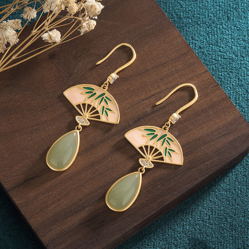 Fan Shape Jade Cloisonne Leaf Earrings