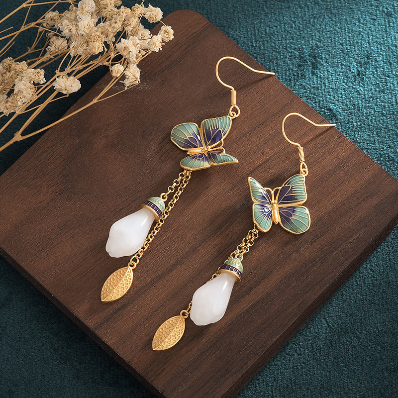 Vitreous Enamel Butterfly Leaf Jade Earrings