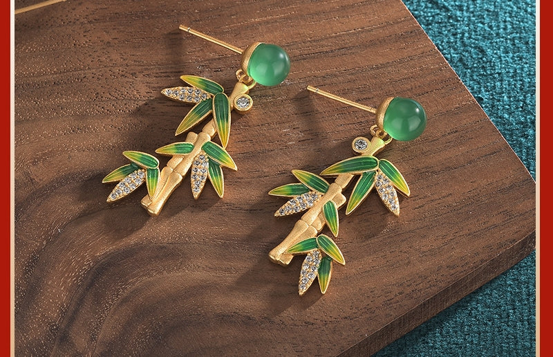 Vitreous Enamel Bamboo Leaf Chrysoprase Earrings
