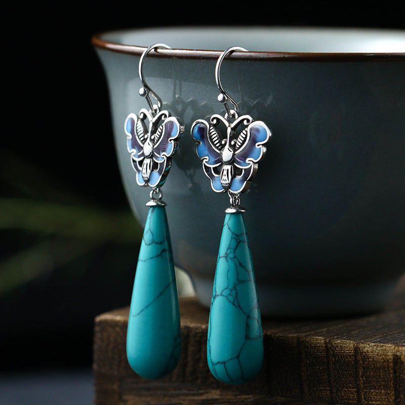 Vitreous Enamel Butterfly Turquoise Earrings
