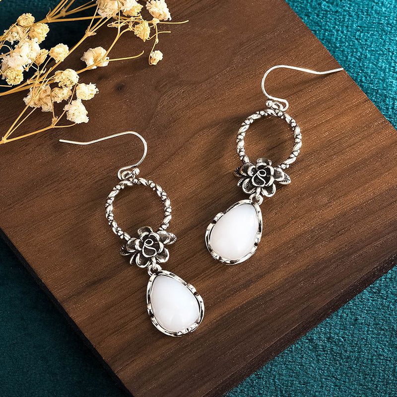 Waterdrop Floral Hoop Jade Earrings