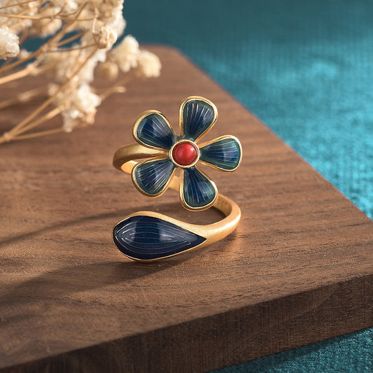 Vintage Style Cloisonne Flower Agate Ring