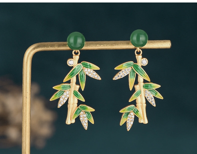 Vitreous Enamel Bamboo Leaf Chrysoprase Earrings