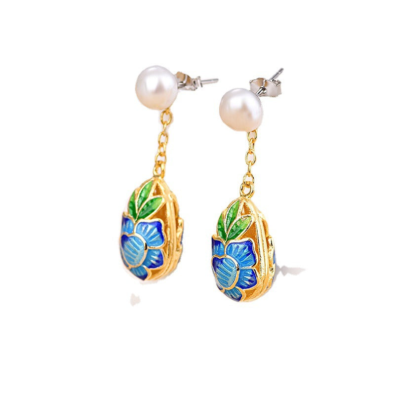Hollow Out Cloisonne Enamel Pearl Earrings