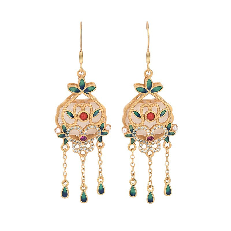 Cloisonne Jade Agate Vitreous Enamel Tassel Drop Earring