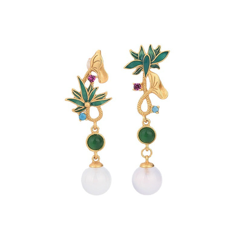 Mismatched Cloisonne Lotus Leaf Earrings