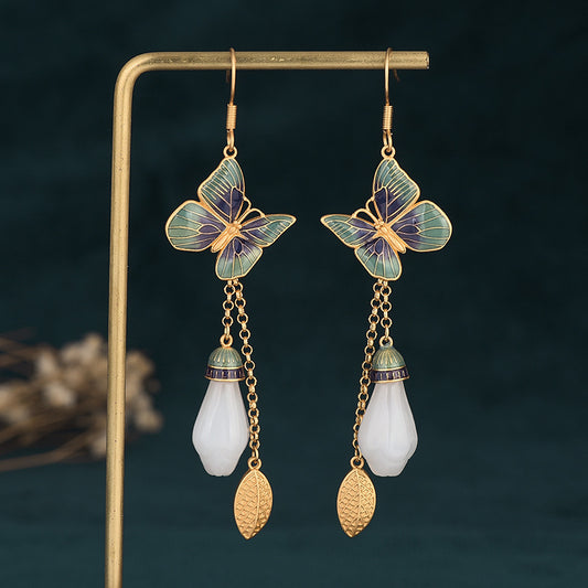 Vitreous Enamel Butterfly Leaf Jade Earrings
