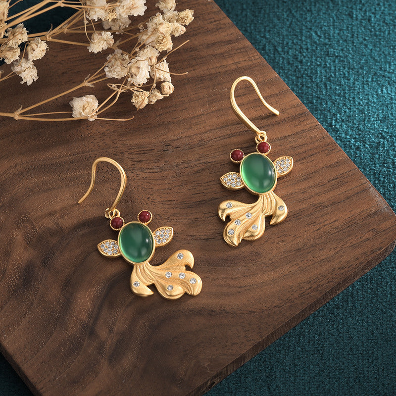 Vintage Style Chrysoprase Goldfish Earrings