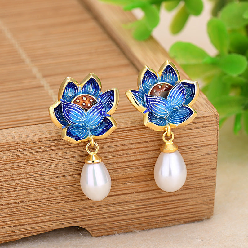 Lotus Flower Cloisonne Pearl Earrings