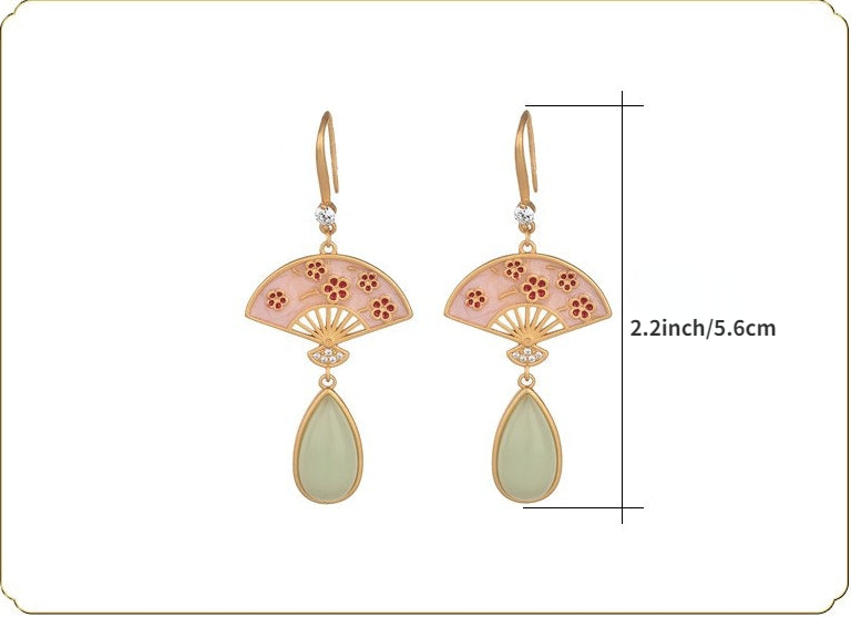 Folding Fan Inspired Jade Vitreous Enamel Floral Earrings