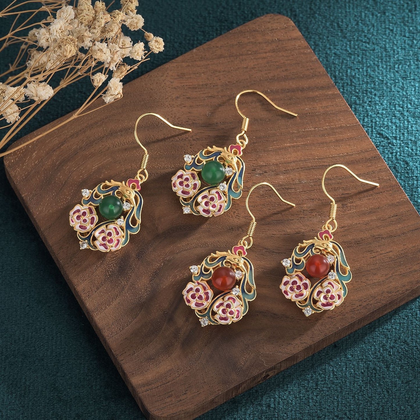 Natural Carnelian Cloisonne Phoenix Earrings