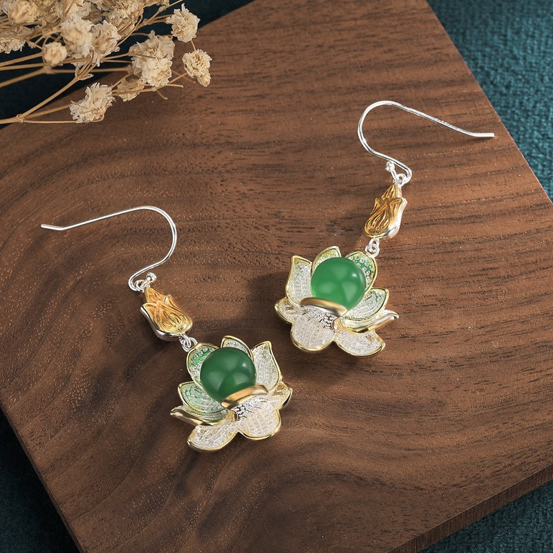Lotus Flower Chrysoprase Drop Floral Earrings