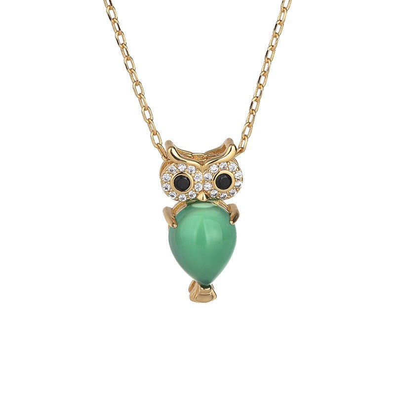 Chrysoprase Owl Agate Rhinestone Necklace