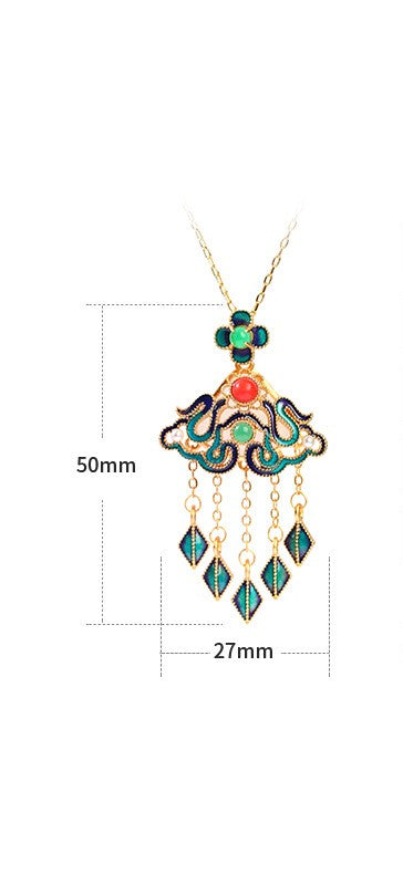 Enamel Floral Tassel Drop Statement Necklace