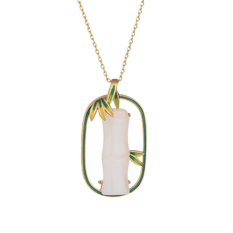 Bamboo Shape Jade Necklace, Vitreous Enamel Bamboo Leaf