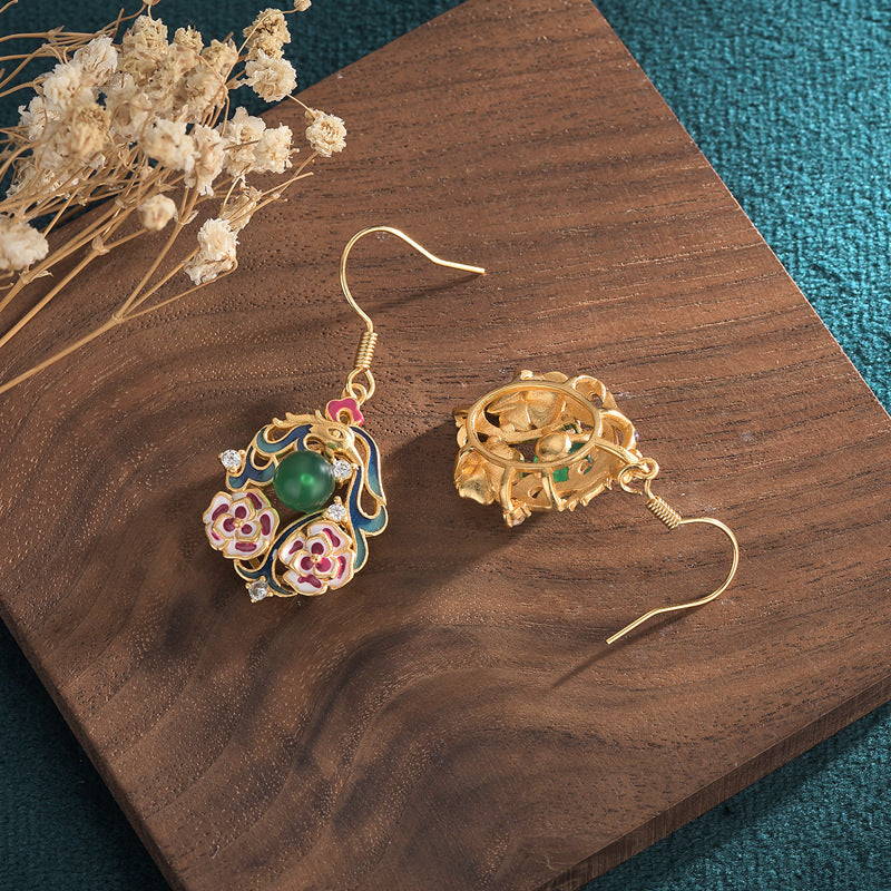 Natural Carnelian Cloisonne Phoenix Earrings