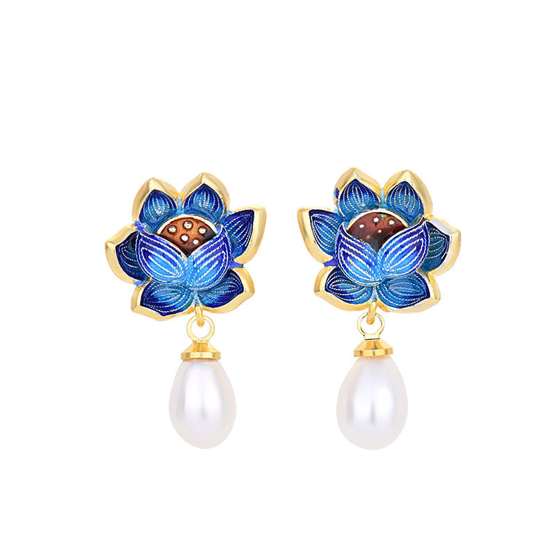 Lotus Flower Cloisonne Pearl Earrings