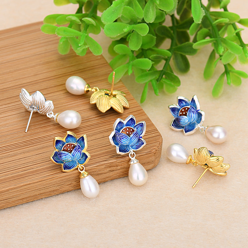 Lotus Flower Cloisonne Pearl Earrings