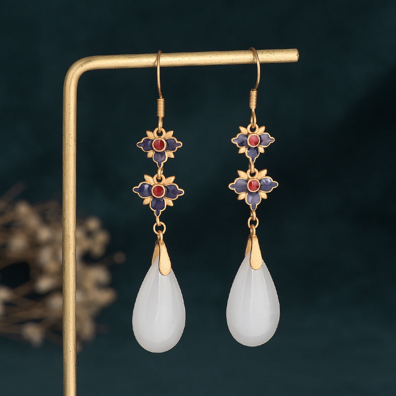 Cloisonne Jade Vitreous Enamel Floral Earrings