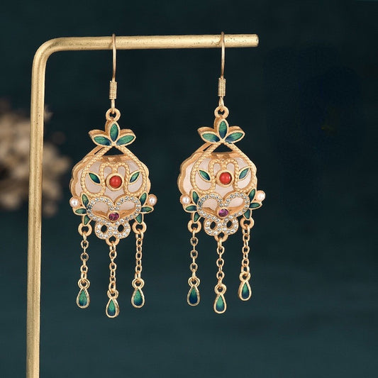 Cloisonne Jade Agate Vitreous Enamel Tassel Drop Earring