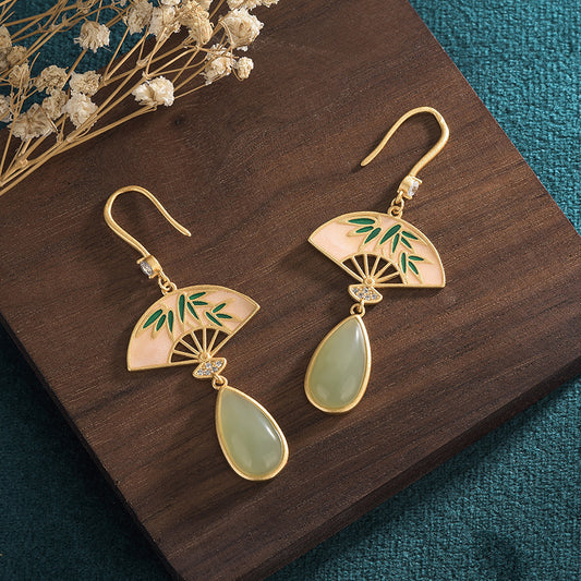 Fan Shape Jade Cloisonne Leaf Earrings