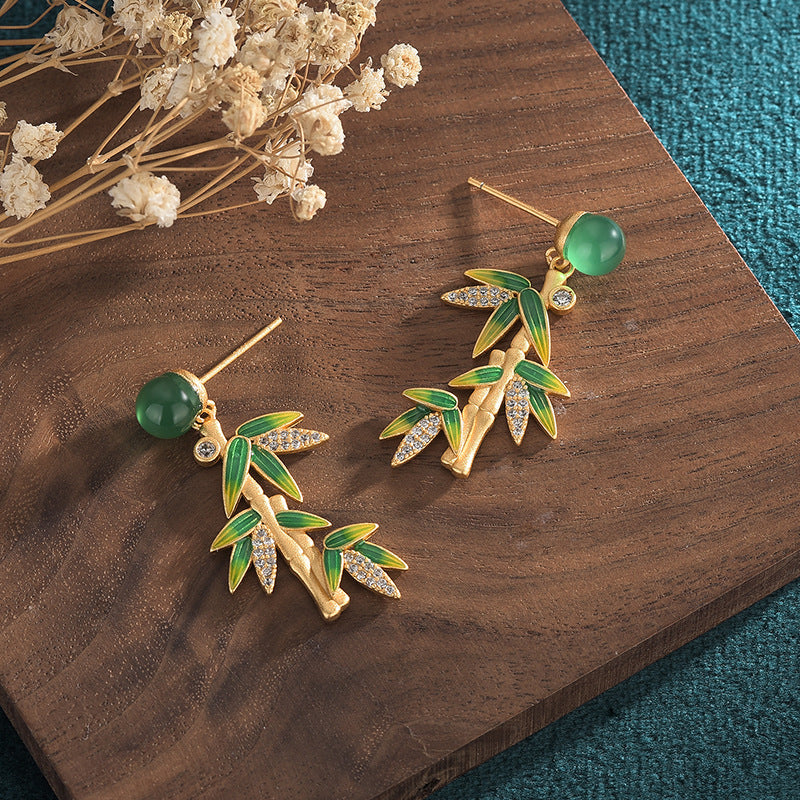 Vitreous Enamel Bamboo Leaf Chrysoprase Earrings