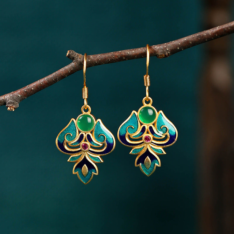 Enamel Chrysoprase Green Floral Earrings