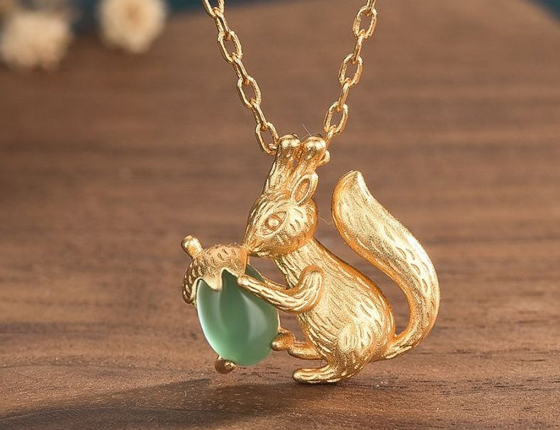 Vintage Style Chrysoprase Squirrel Acorn Necklace
