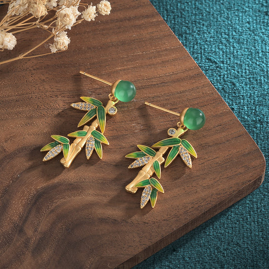 Vitreous Enamel Bamboo Leaf Chrysoprase Earrings