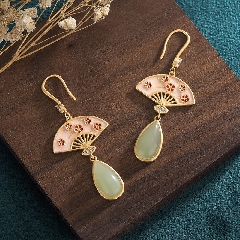 Folding Fan Inspired Jade Vitreous Enamel Floral Earrings