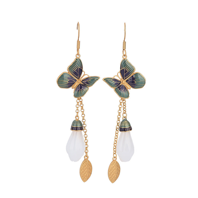 Vitreous Enamel Butterfly Leaf Jade Earrings