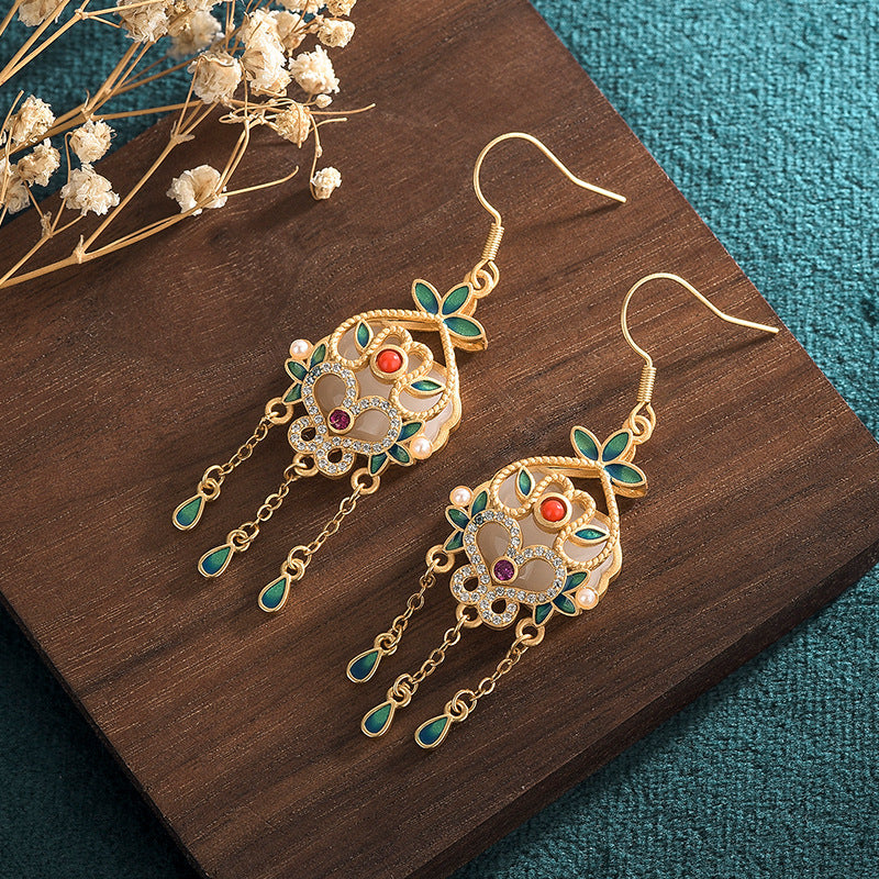 Cloisonne Jade Agate Vitreous Enamel Tassel Drop Earring