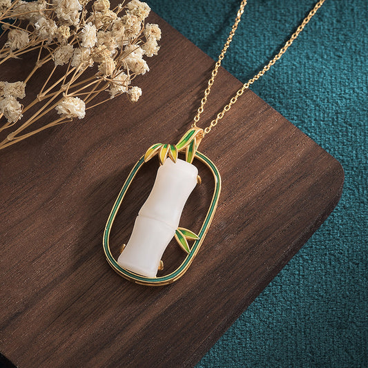 Bamboo Shape Jade Necklace, Vitreous Enamel Bamboo Leaf