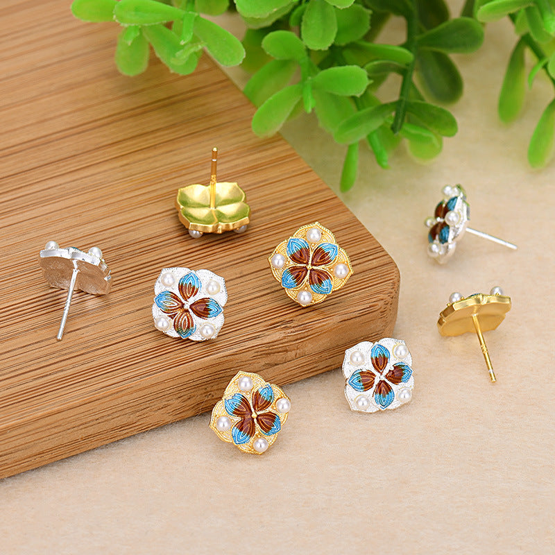 Vintage Style Cloisonne Floral Stud Earring