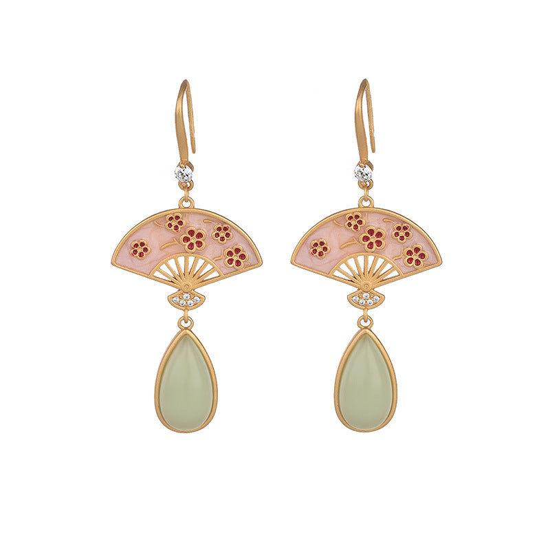 Folding Fan Inspired Jade Vitreous Enamel Floral Earrings