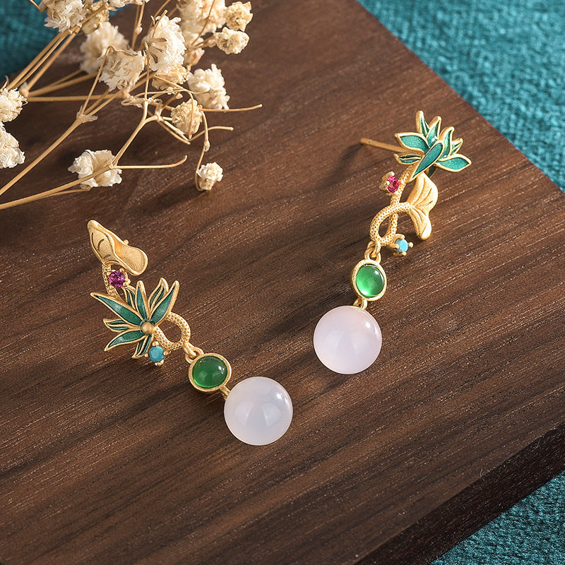 Mismatched Cloisonne Lotus Leaf Earrings