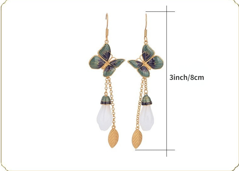 Vitreous Enamel Butterfly Leaf Jade Earrings