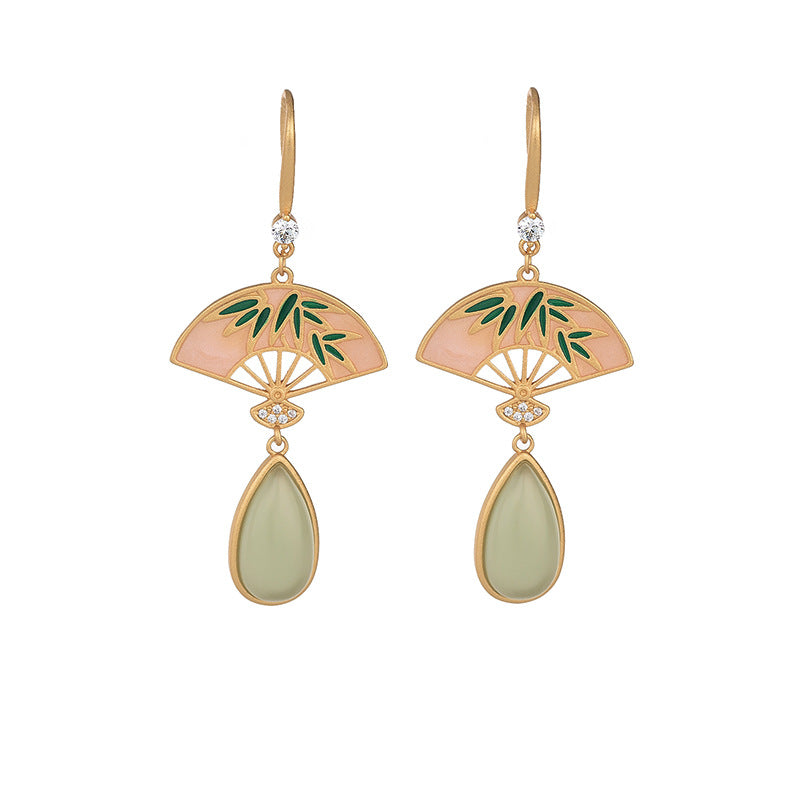 Fan Shape Jade Cloisonne Leaf Earrings