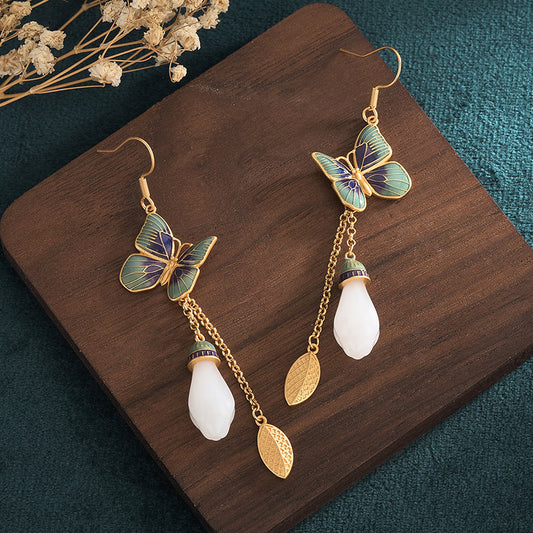 Vitreous Enamel Butterfly Leaf Jade Earrings