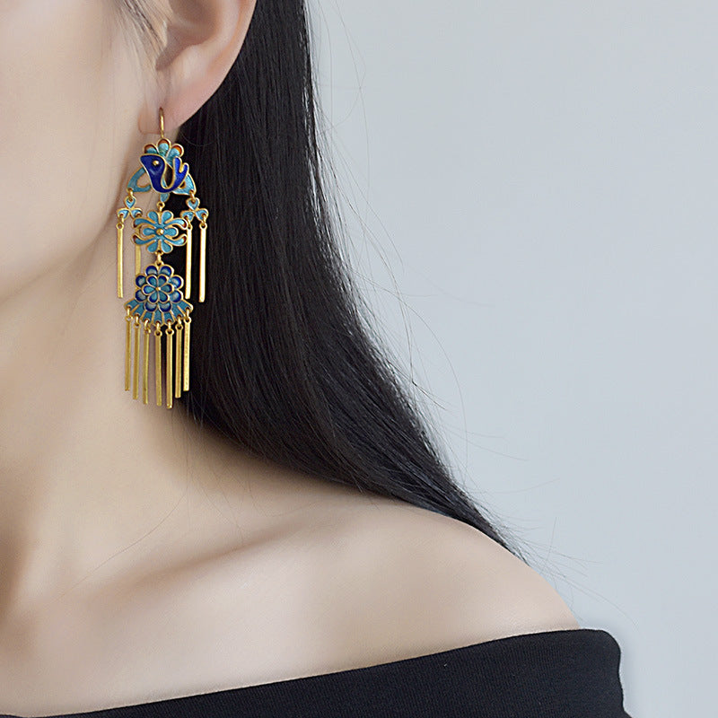 Cloisonne Floral Phoenix Design Tassel Drop Earrings