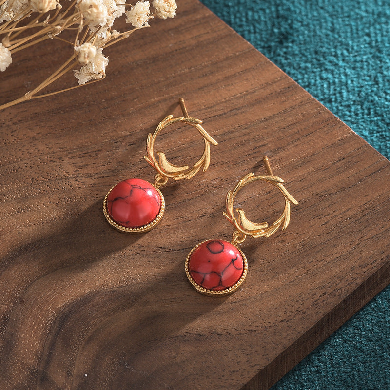 Olive Leaf Red Turquoise Vintage Style Earrings
