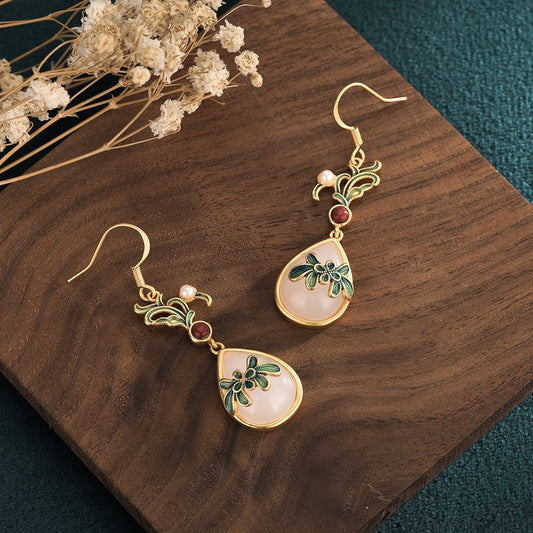 Victorian Style Cloisonne Jade Earrings