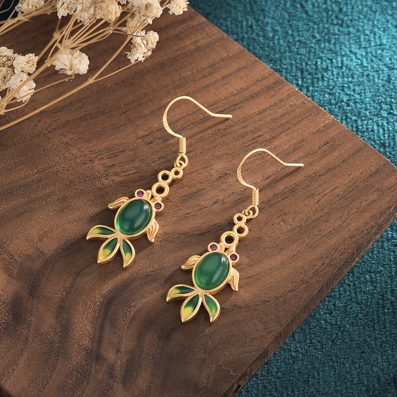 Vintage Style Chrysoprase Fish Earrings