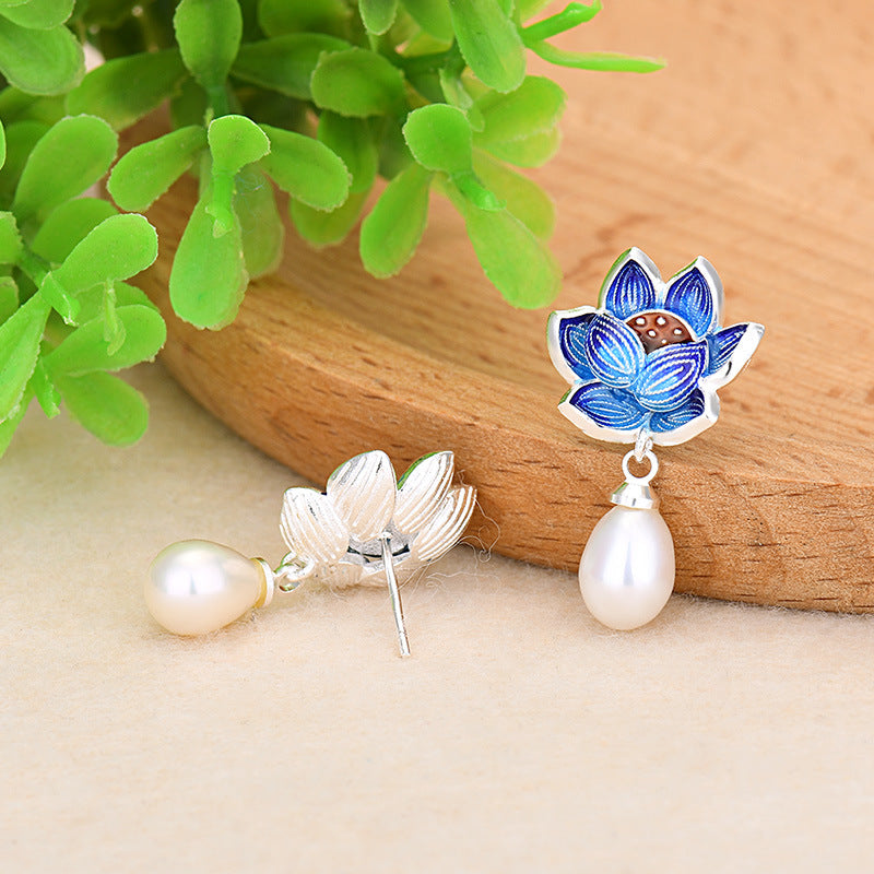 Lotus Flower Cloisonne Pearl Earrings