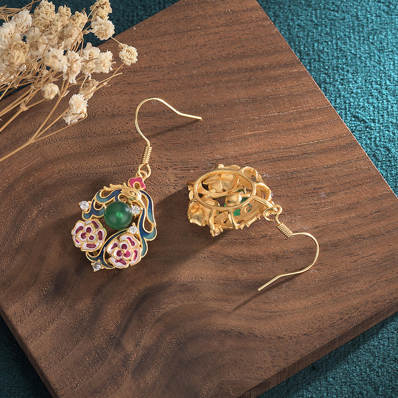 Natural Carnelian Cloisonne Phoenix Earrings
