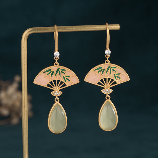 Fan Shape Jade Cloisonne Leaf Earrings