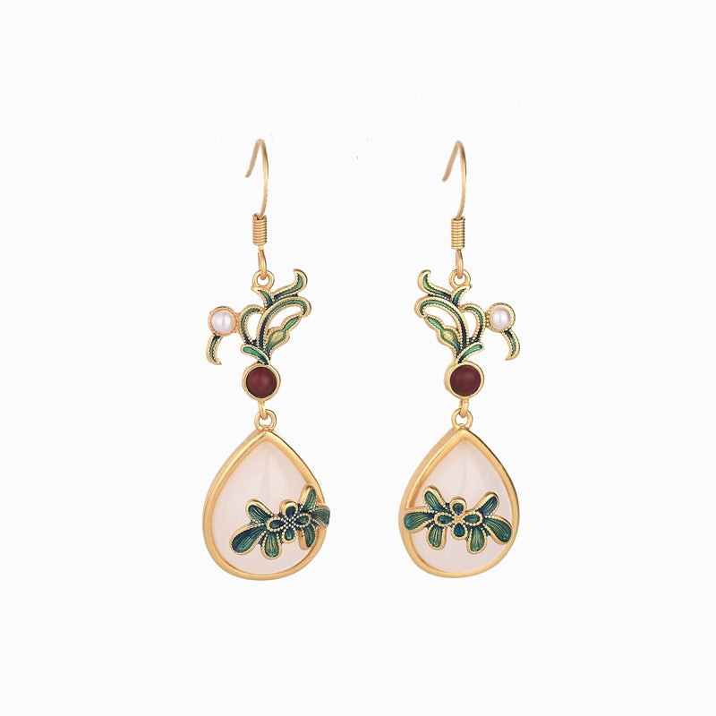 Victorian Style Cloisonne Jade Earrings